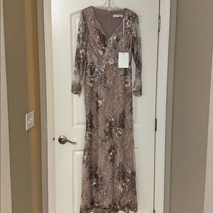 Mac Duggal EMBELLISHED V NECK ILLUSION LONG SLEEVE GOWN size 6 NEW $698 Taupe